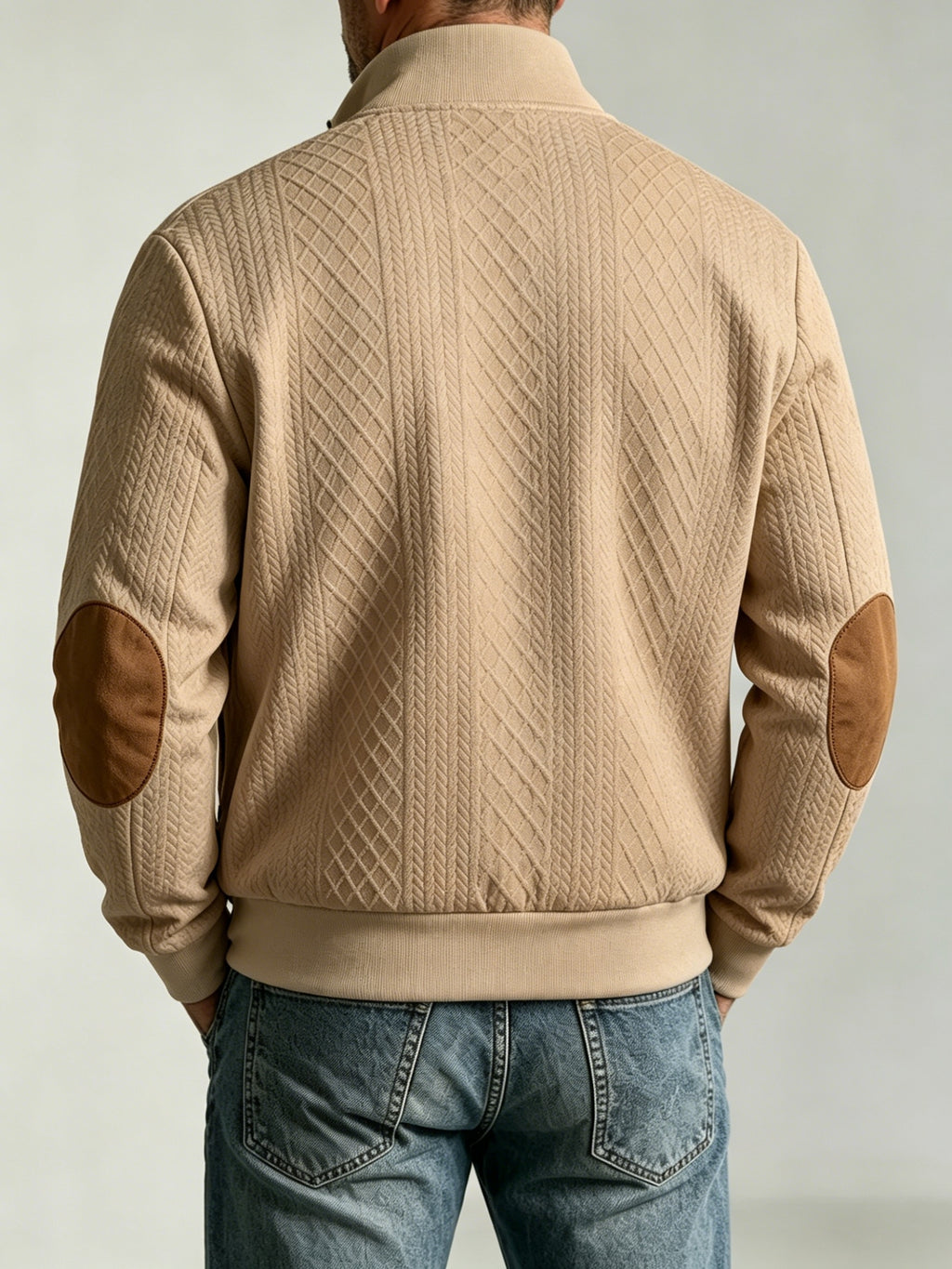 Spring/Autumn New Men's Stand Collar Rhombus Jacquard Baseball Jacket, Middle-Aged Business Casual Velvet Elbow Patch Design Knitted Cardigan, European and American Style Simple Versatile Solid Color Zipper Outerwear Top - Khaki