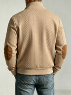 Spring/Autumn New Men's Stand Collar Rhombus Jacquard Baseball Jacket, Middle-Aged Business Casual Velvet Elbow Patch Design Knitted Cardigan, European and American Style Simple Versatile Solid Color Zipper Outerwear Top - Khaki