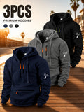 Men'S Hoodie Multi-Zipper Pocket Design Abstract Figure Graphic Print Casual Streetwear Outdoor Autumn Winter 3pcs Set - Navy Blue + Dark Gray + Black