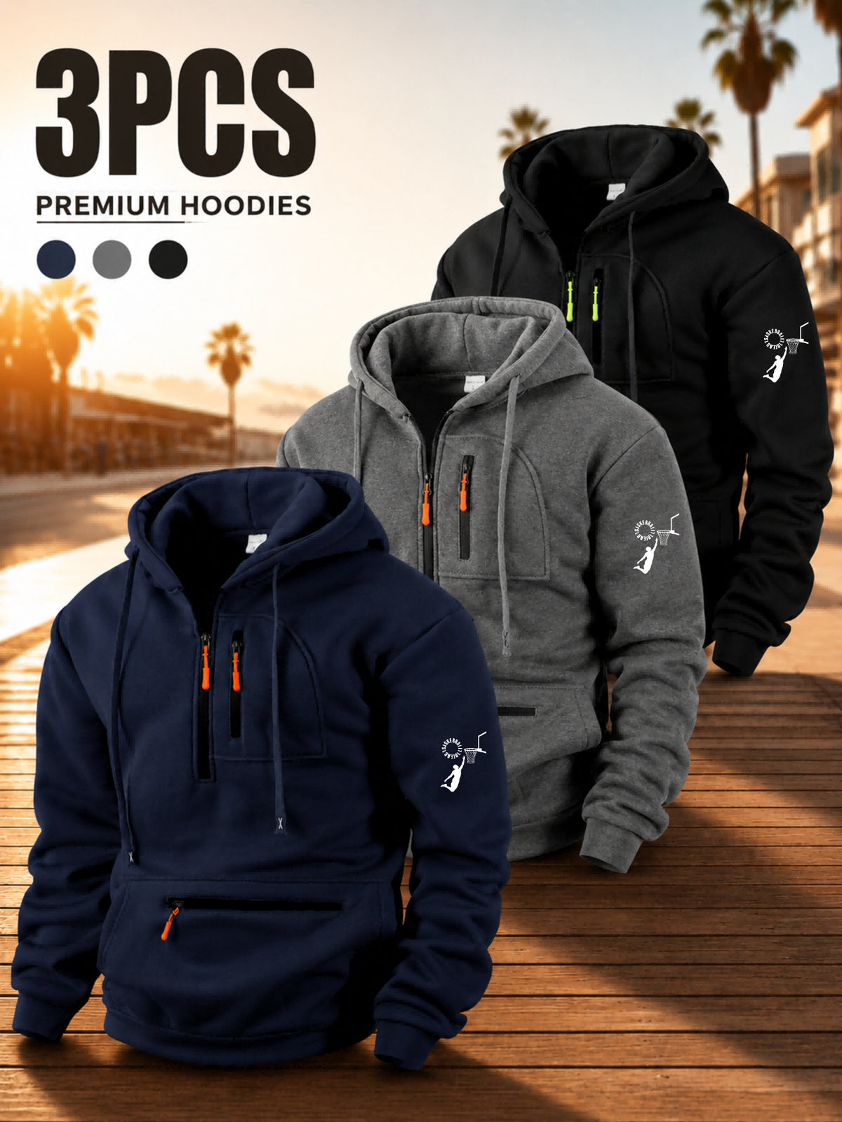 Men'S Hoodie Multi-Zipper Pocket Design Abstract Figure Graphic Print Casual Streetwear Outdoor Autumn Winter 3pcs Set - Navy Blue + Dark Gray + Black