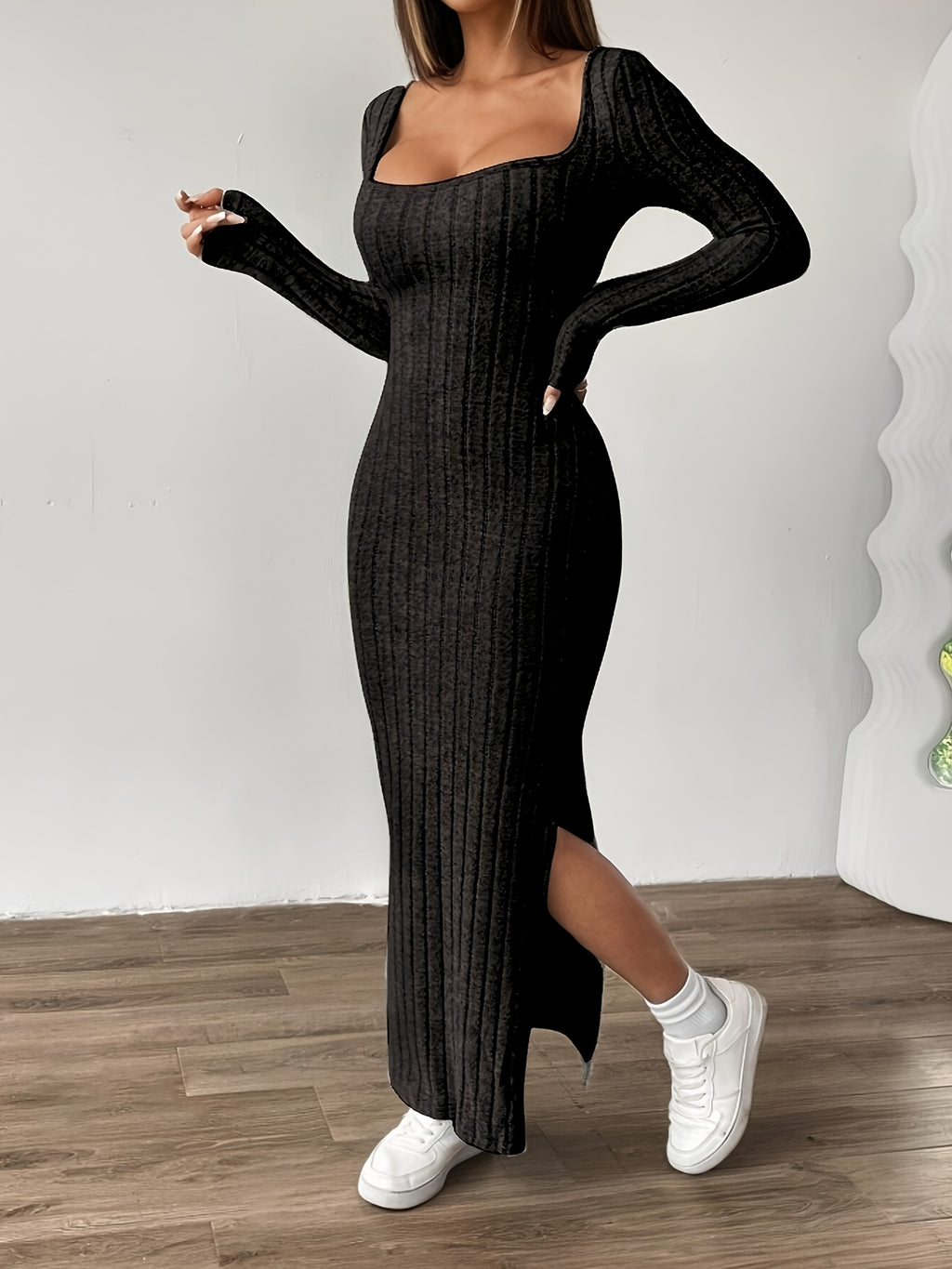 Ribbed Dress, Long-sleeve Tweed Casual Dress - Black