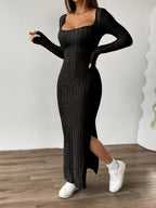 Ribbed Dress, Long-sleeve Tweed Casual Dress - Black