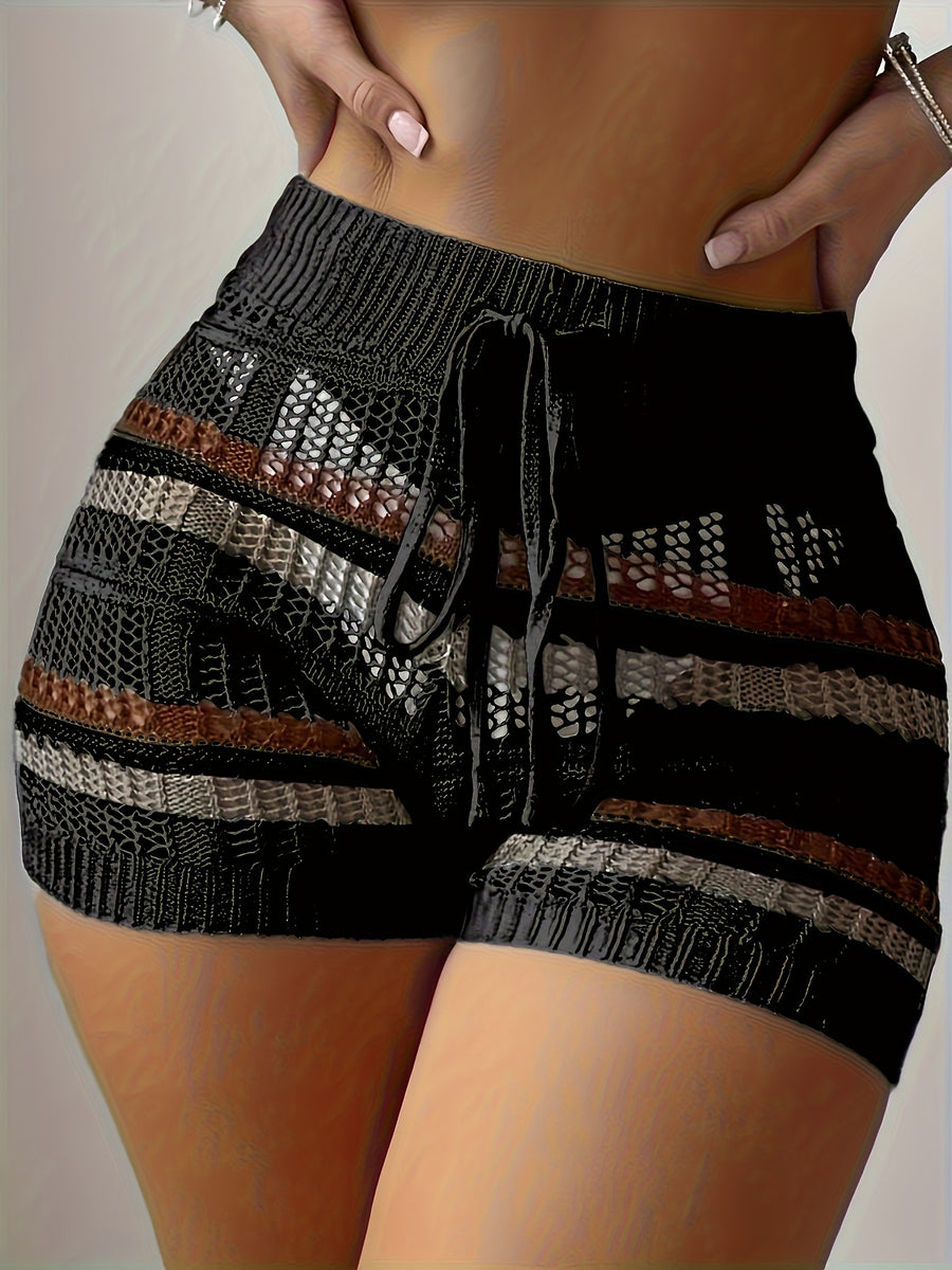 New Women'S Stylish And Elegant Color-Blocked Striped Hollow-Out Shorts - Black