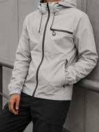 Men's Hooded Functional Jacket, Outdoor Casual Windproof Outerwear, Stand Collar Zipper Multi-Pocket Top, Spring/Autumn Urban Commuting Sports Jacket - Grey