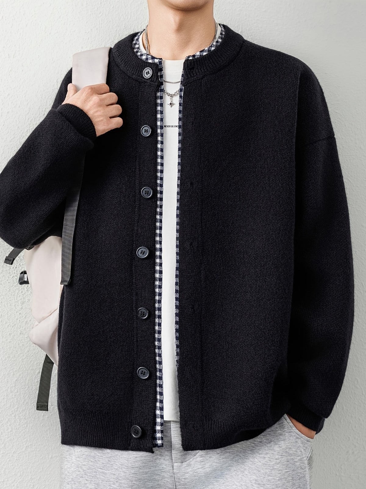 [Wading Whale OBM] 1pc Autumn Winter New Men'S Knit Cardigan, Old Money Style Textured Contrast Round Neck Single Button Front Long Sleeve Sweater Vest Top, Men'S Casual Fashion, Suitable for Spring, Autumn, Winter Wear, Fits Daily Commute - Black