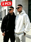 American Heavyweight Hooded Sweatshirt Men'S Black White Gray Solid Loose Drop Shoulder Hoodie 2pcs Set Trendy Casual Streetwear - Black+Light White