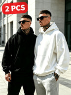 American Heavyweight Hooded Sweatshirt Men'S Black White Gray Solid Loose Drop Shoulder Hoodie 2pcs Set Trendy Casual Streetwear - Black+Light White