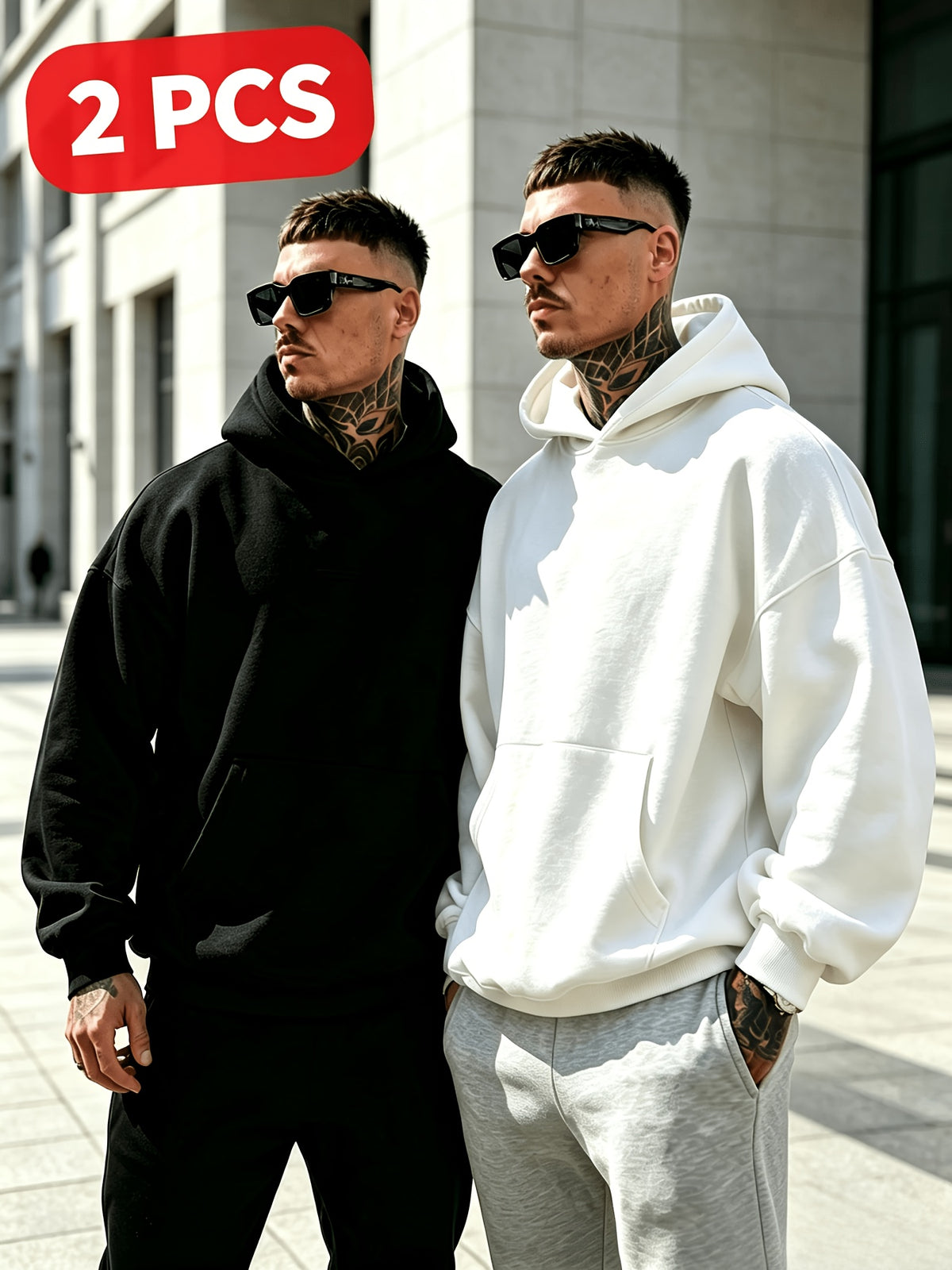 American Heavyweight Hooded Sweatshirt Men'S Black White Gray Solid Loose Drop Shoulder Hoodie 2pcs Set Trendy Casual Streetwear - Black+Light White