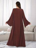 1pc Slim-fit Stretch Abaya Sleeve Front Zipper A-line AbayaElegant Flowing Muslim Robe Convenient Daily Islamic Women's WearStretch Sleeve Front Zipper AbayaSuitable for Daily Commuting, Gatherings with Family Friends, and Islamic Festive Occasions - Coffee Color