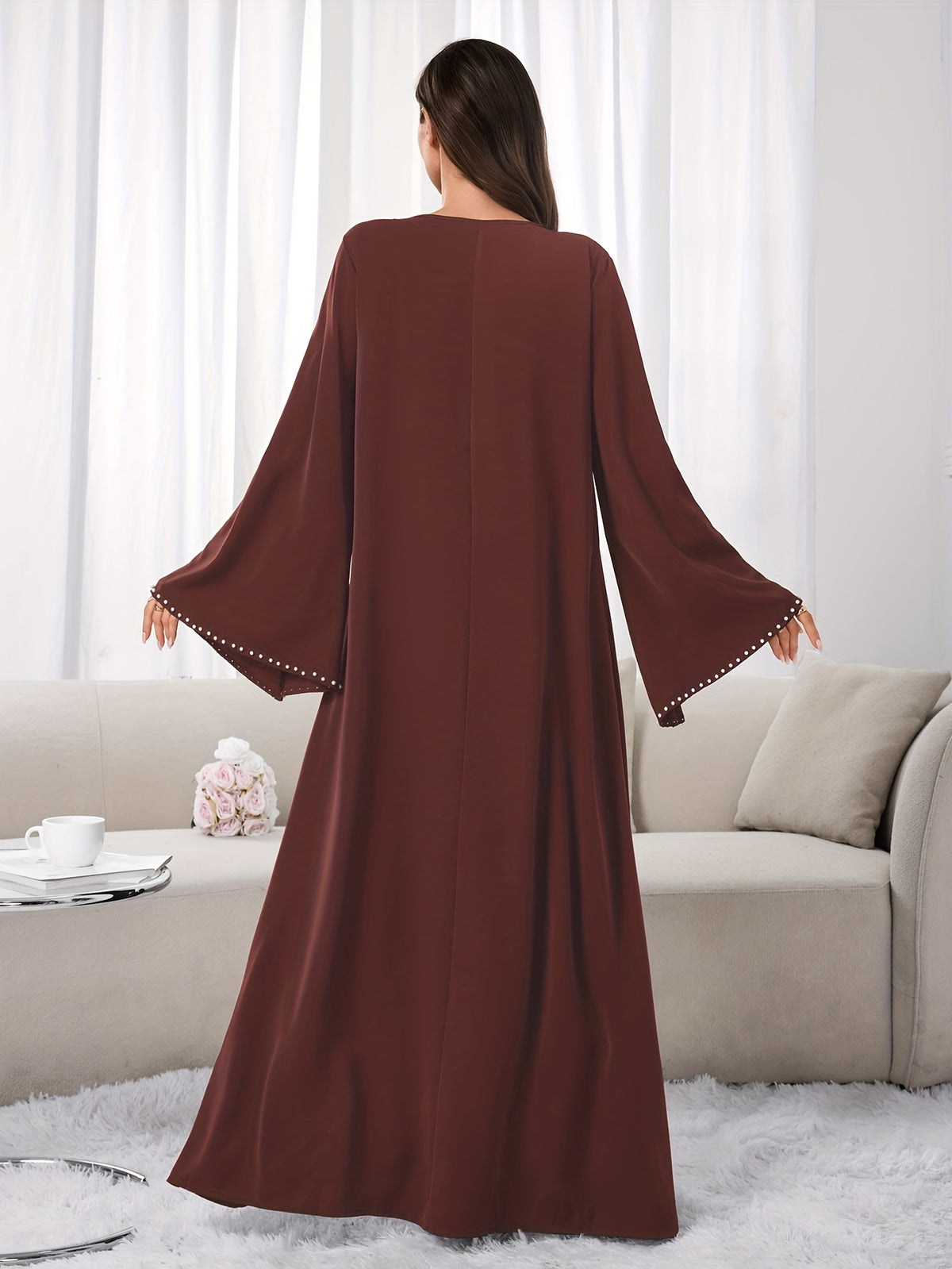 1pc Slim-fit Stretch Abaya Sleeve Front Zipper A-line AbayaElegant Flowing Muslim Robe Convenient Daily Islamic Women's WearStretch Sleeve Front Zipper AbayaSuitable for Daily Commuting, Gatherings with Family Friends, and Islamic Festive Occasions - Coffee Color