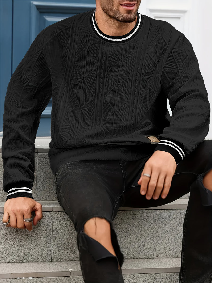 New Men's Casual Fashionable Sporty Cool Versatile Trendy Stylish 3D Jacquard Fabric High Street Popular Knitted Flatbed Collar Crew Neck Sweatshirt - Black