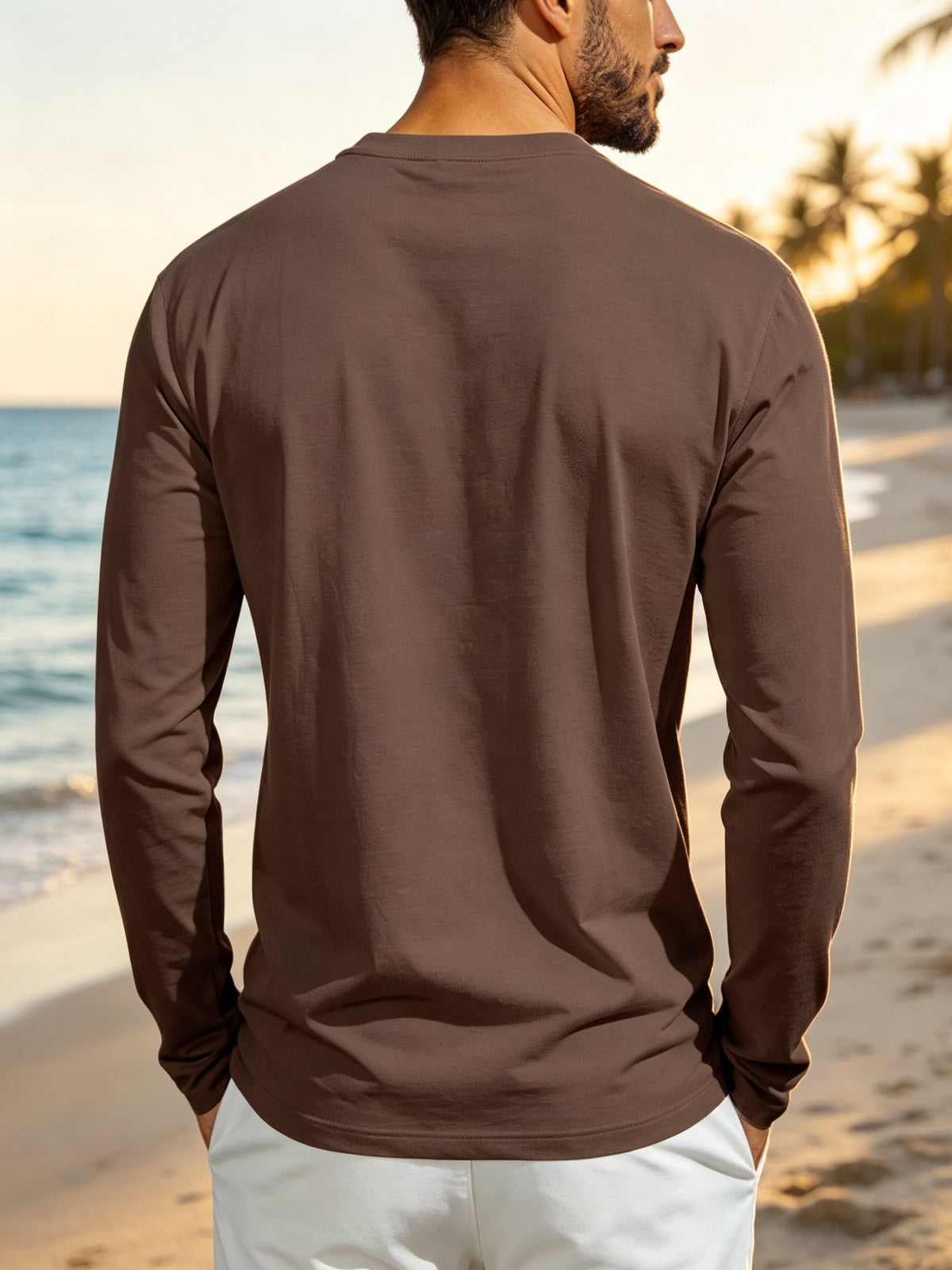 Men's Henley Long Sleeve T Shirts, Solid Color Crew Neck Pullover Tops with Chest Pocket, Breathable Soft Casual Loose Fit Long Sleeve Shirts, All Seasons Basic Undershirt for Daily Commute Outdoor, Versatile Minimalist Men Clothing Multiple Sizes& - Brown