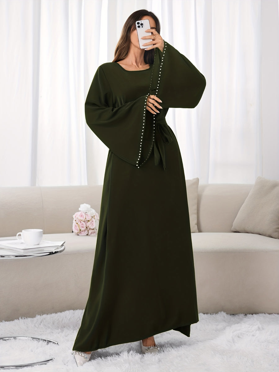 1pc Slim-fit Stretch Abaya Sleeve Front Zipper A-line AbayaElegant Flowing Muslim Robe Convenient Daily Islamic Women's WearStretch Sleeve Front Zipper AbayaSuitable for Daily Commuting, Gatherings with Family Friends, and Islamic Festive Occasions - Olive Green