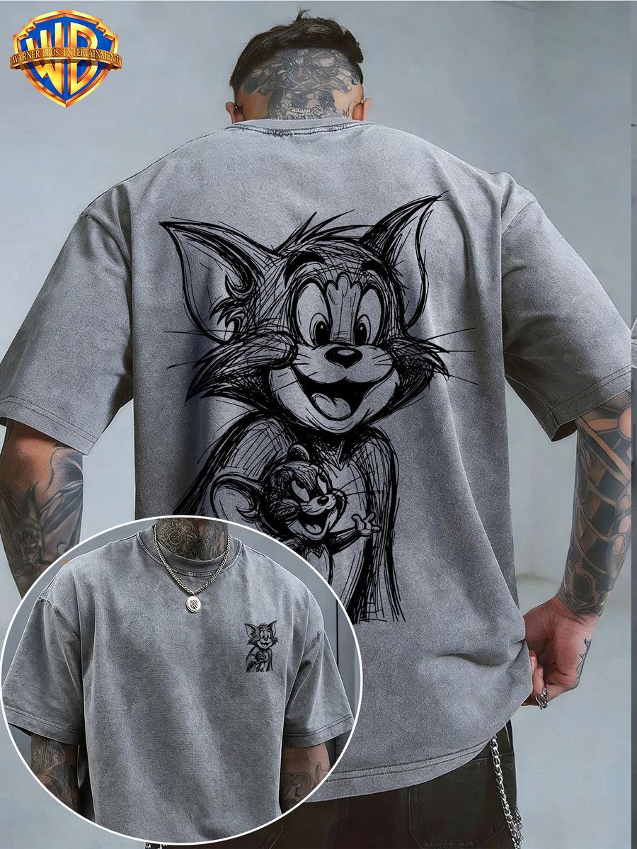 Officially Licensed Warner Bros. Classic Animation Graphic T-Shirt with Sketch-Style Print And Washed, Vintage-Look End; Versatile, Comfortable 100% Men'S Summer Tee Suitable for Outdoor Wear And Workouts - Grey