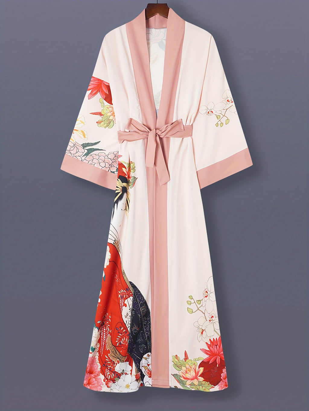 Japanese Printed Mid-Length 3/4 Sleeve Kimono Cardigan Thin Jacket Women'S Western Elegant Ethnic Style Street Casual Cover-Up Outerwear Beach Travel Vacation Cape Japanese Style Thin Cloak Jacket Home Yukata Belt Bathrobe Cover-Up - Pale Pinkish Gray