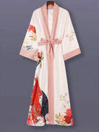 Japanese Printed Mid-Length 3/4 Sleeve Kimono Cardigan Thin Jacket Women'S Western Elegant Ethnic Style Street Casual Cover-Up Outerwear Beach Travel Vacation Cape Japanese Style Thin Cloak Jacket Home Yukata Belt Bathrobe Cover-Up - Pale Pinkish Gray