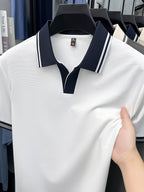 [Shule Water OBM] Summer Men'S Short Sleeve T-Shirt, Contrast Striped Cool Business Casual Versatile Top, Mid-Age Men'S Short Sleeve Collared Polo Shirt (72616) - White