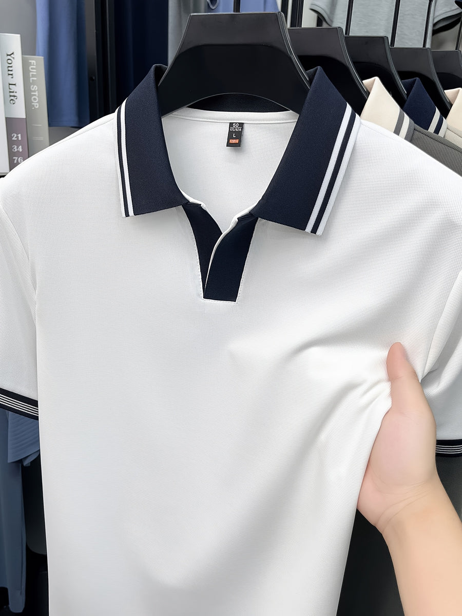 [Shule Water OBM] Summer Men'S Short Sleeve T-Shirt, Contrast Striped Cool Business Casual Versatile Top, Mid-Age Men'S Short Sleeve Collared Polo Shirt (72616) - White