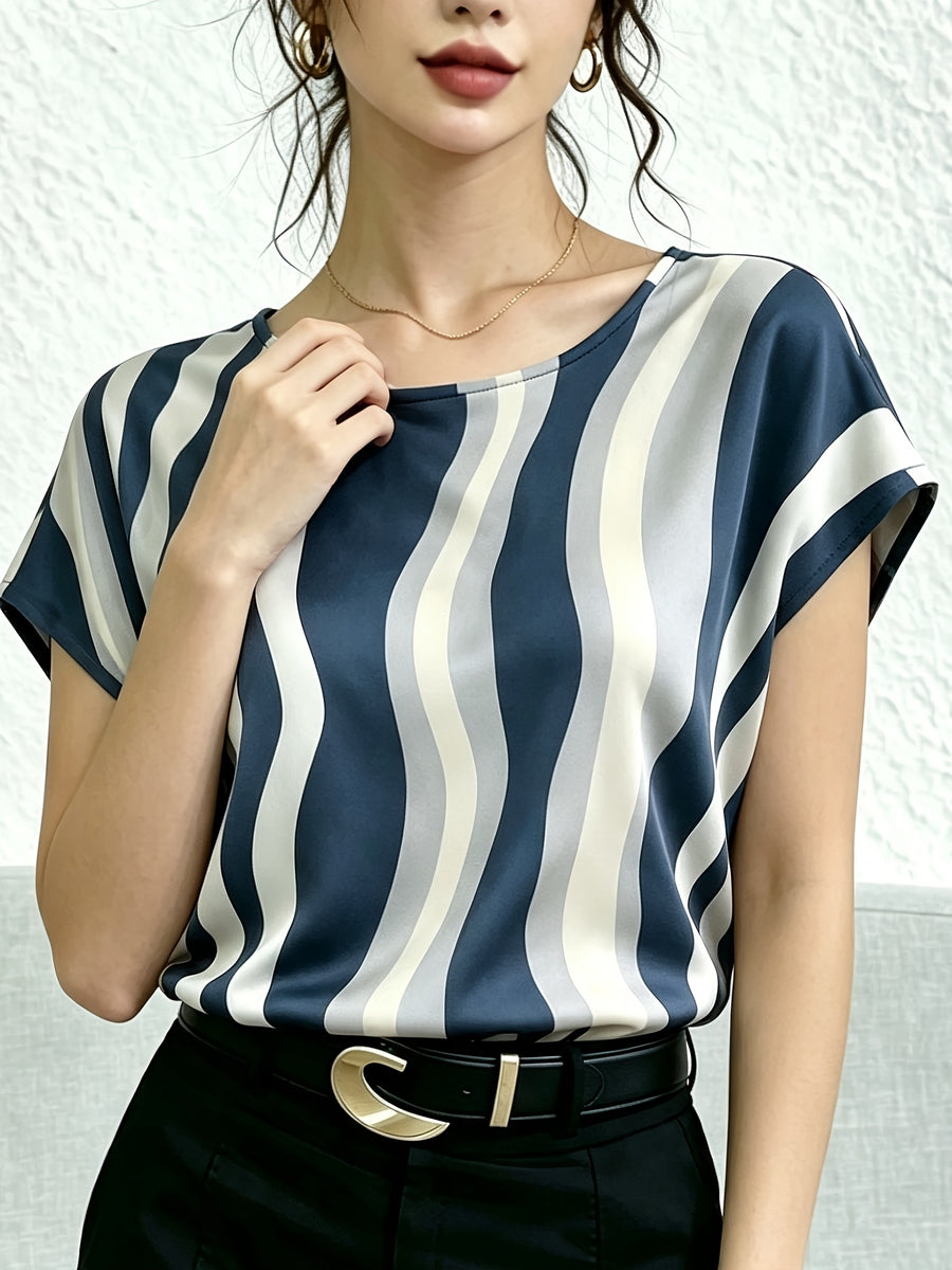 Women'S Casual Easy Fashion Printed Short Sleeve Vacation Top - Navy Color