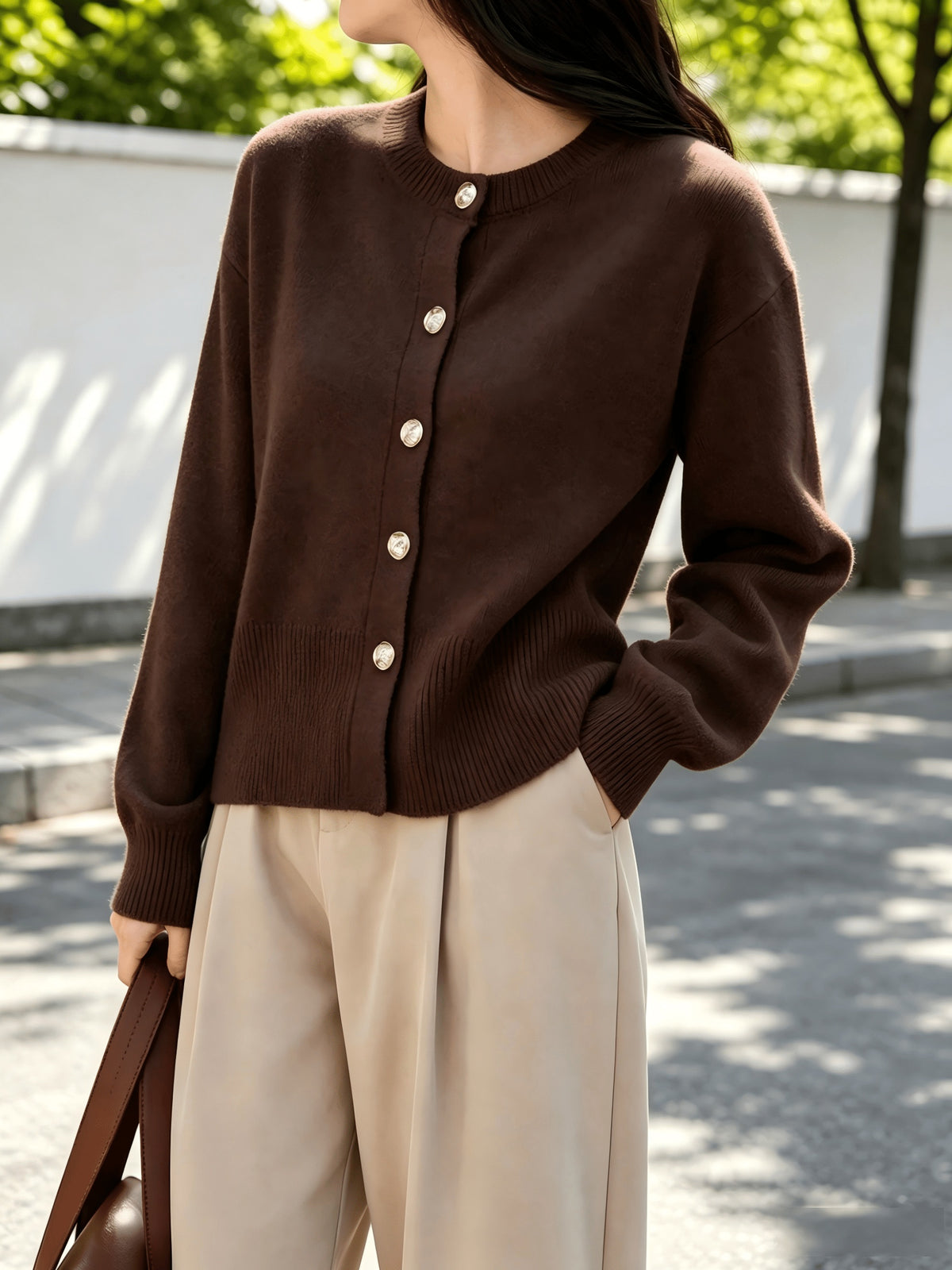 Cozy Women's Cardigan with Floral Button Accents, Soft Stylish Cardigan for Casual Daily Wear - Coffee Color