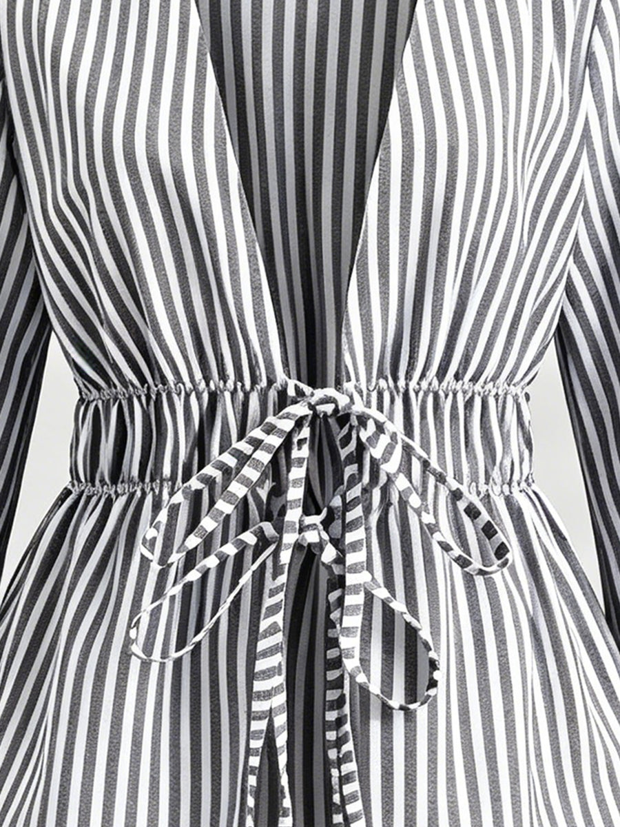 Belted Vertical Stripe Long-sleeve Shirt, Artistic Casual Fashion, Versatile Loose Top - Dark Gray