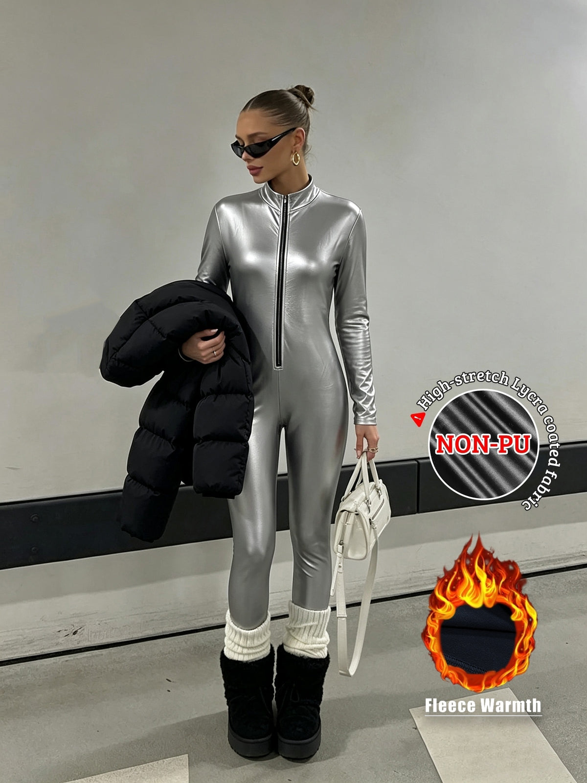 [High-Elastic Nylon Coated Fabric, Non-Pu Material] Fall Winter Thin Fleece Silvery Tight Sexy Jumpsuit Women'S Zipper Long Sleeve Nightclub Party Spicy Performance Daily Outing Shaping Base Layer Biker Style Bodycon - Silvery