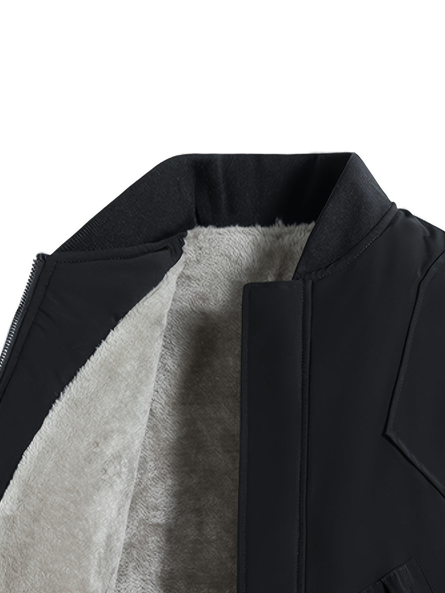 DIFFELEMENT 1pc Men's -Lined Thickened Baseball Collar Flight Jacket, Windproof and Warm with Inner Lining, Outer Jacket with Zipper Pockets, Zipper Cardigan Jacket, Regular Fit Design, Suitable for Daily Casual Wear and Outdoor Activities for Cold - Black