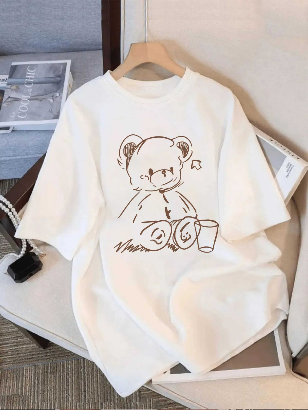 Fashion New Women's Round Neck Bear Print Short Sleeve Summer Casual T-Shirt - White