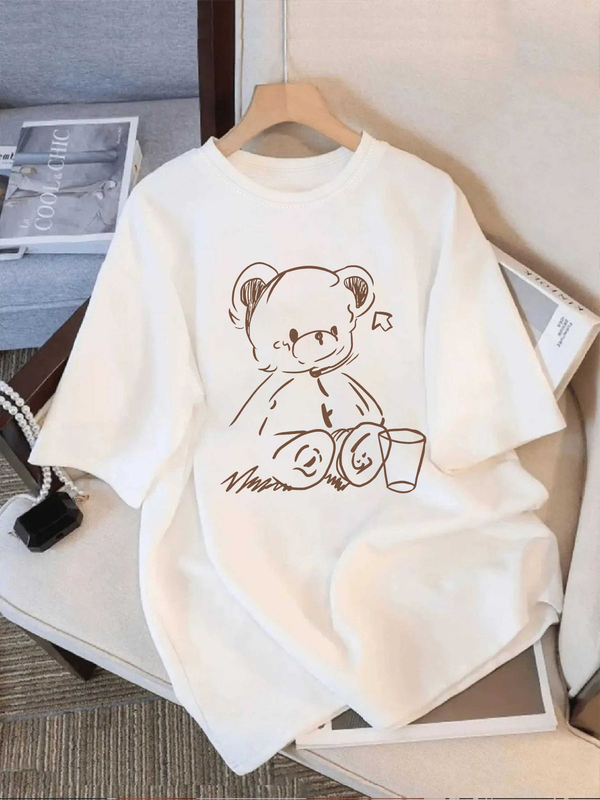 Fashion New Women's Round Neck Bear Print Short Sleeve Summer Casual T-Shirt - White