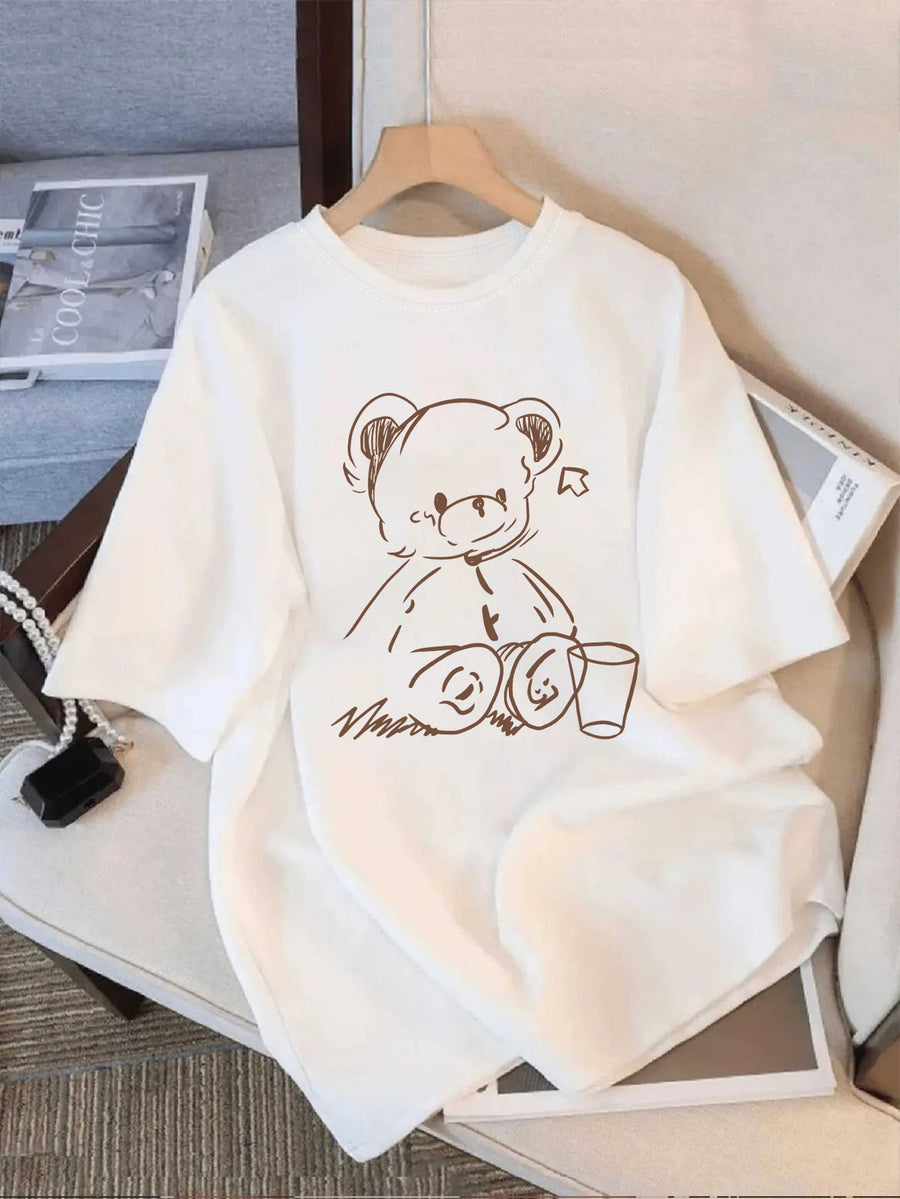 Fashion New Women's Round Neck Bear Print Short Sleeve Summer Casual T-Shirt - White
