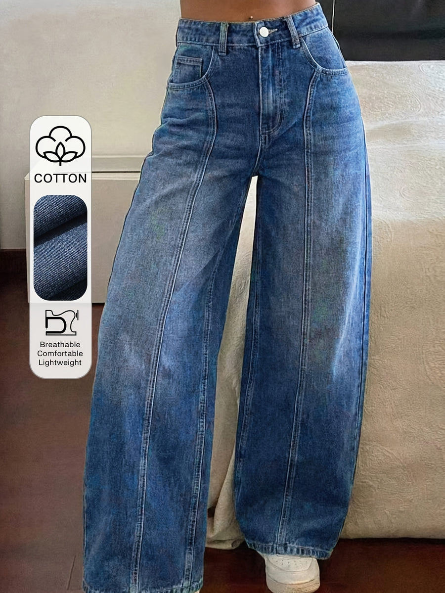 Women'S Gradient Light Blue Washed Long Wide Leg Denim Pants, High Waist Single Button Classic Five Pocket Cut with Side Vertical Stitching, High Stretch Fabric for Multi-Scene Commuter And Date Outfits - Blue