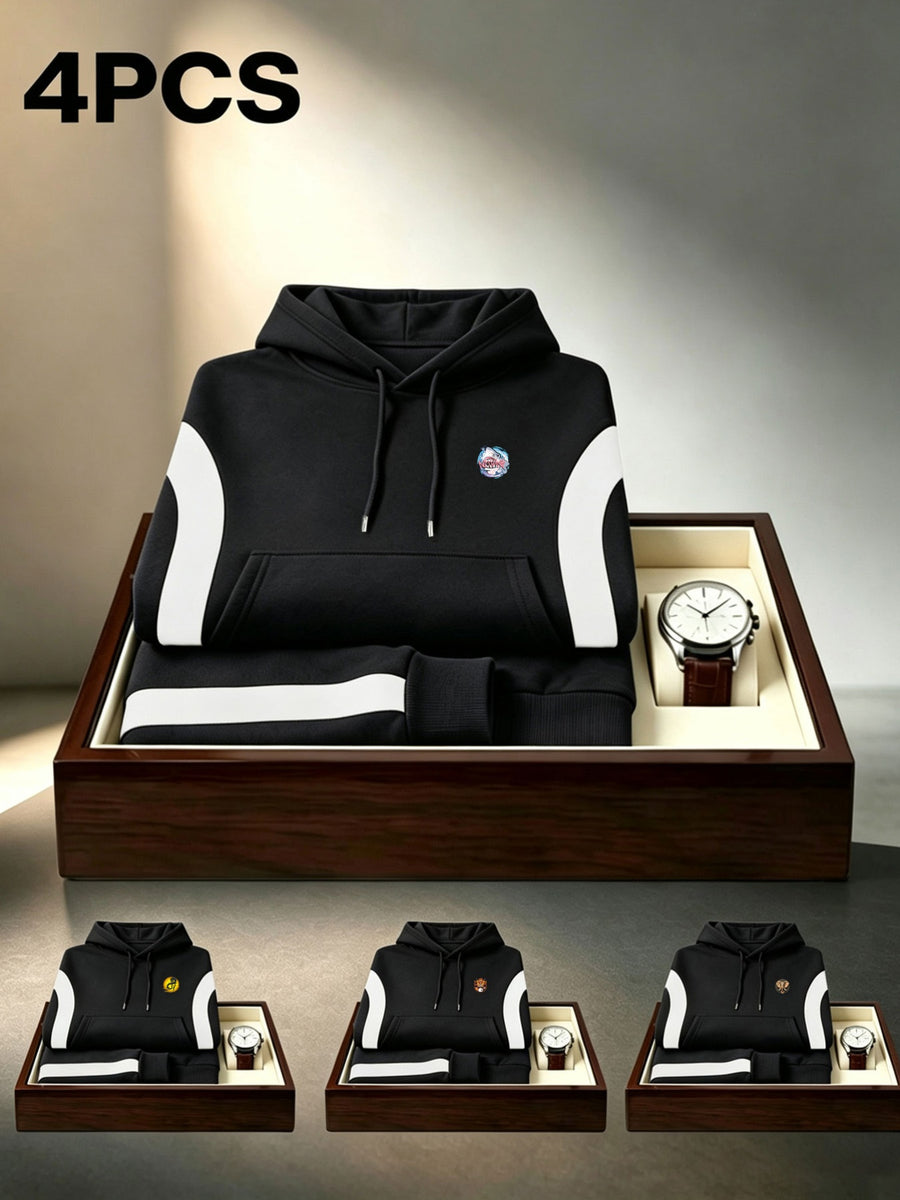 4pcs 2026 Autumn/Winter Men's Streetwear Casual Pullover Hoodie with Contrast Color Lines, Diagonal Cut, Long Sleeves, Skin-Friendly, Warm, Drawstring, Large Pocket Sweatshirt - Black + Black + Black + Black