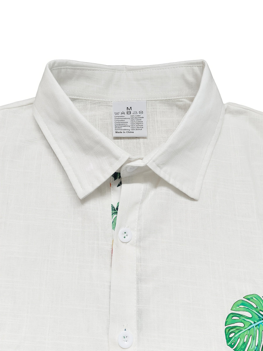 100% Men'S Casual Short Sleeve Shirt, Pure Fabric with Print And Color Block Design for Summer, Beach Vacation Style Blouse, Fabric Is Sweat-Absorbent And Breathable, Great Gift for Boyfriend And Husband, Suitable for Outdoor Travel Or Vacation - Ivory White