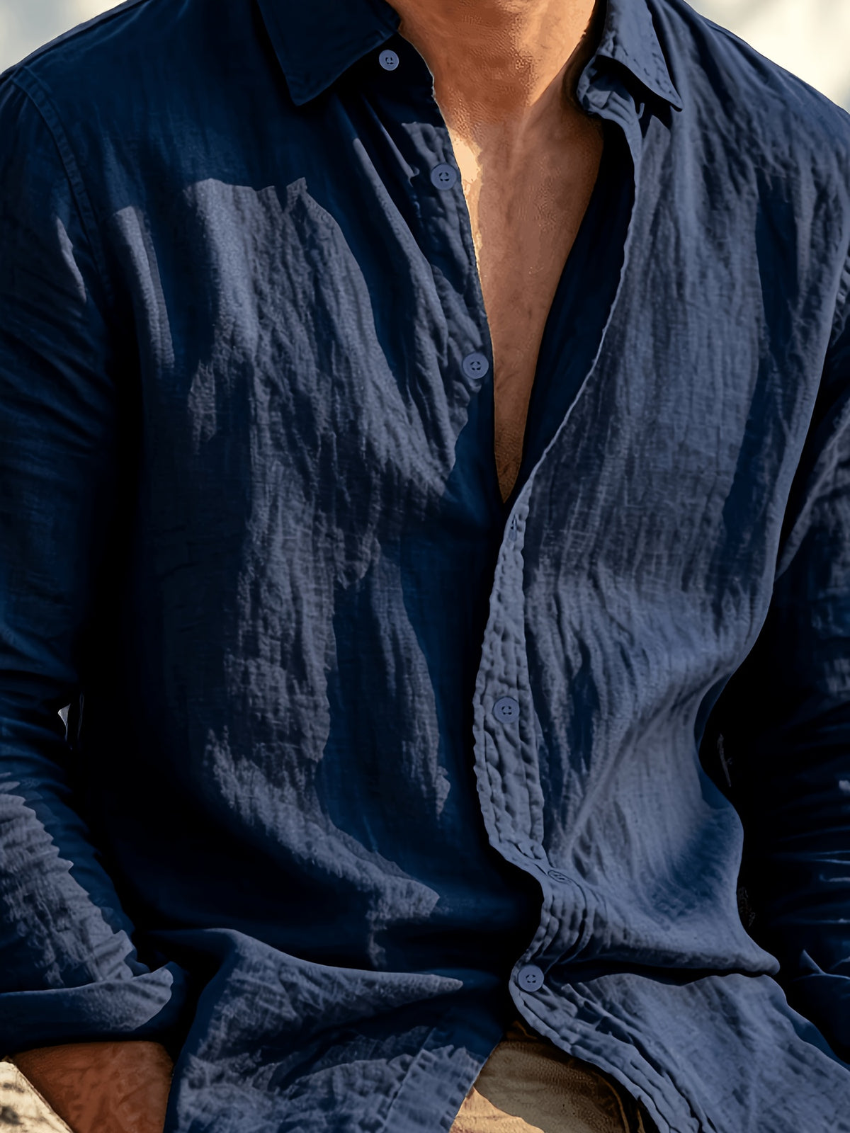 Single Piece Summer Men's Cotton and Cotton And Linen Blend Long Sleeved Shirt, 26 Year Fashionable and Simple Style, Loose Fit, Button up Cardigan Versatile Design, Soft and Breathable Fabric, Preferred for Daily Leisure Commuting - Navy Color