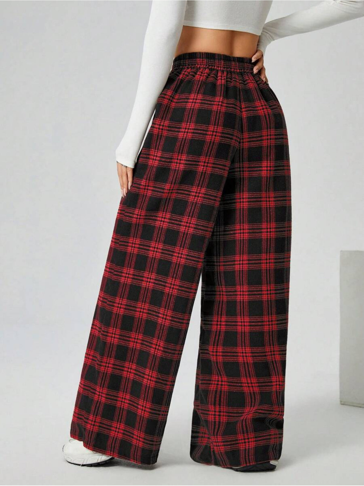 PETITE Women'S Autumn Winter Plaid Wide Leg Pants with Pockets - Burgundy