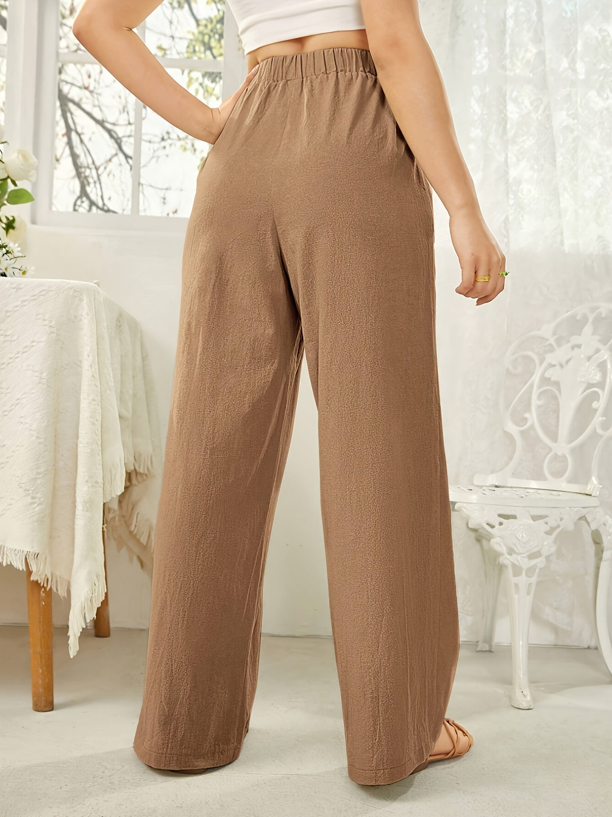 Women'S Elegant High Waist Straight Trousers Fake Drawstring Belt All Season Casual Pants - Rust