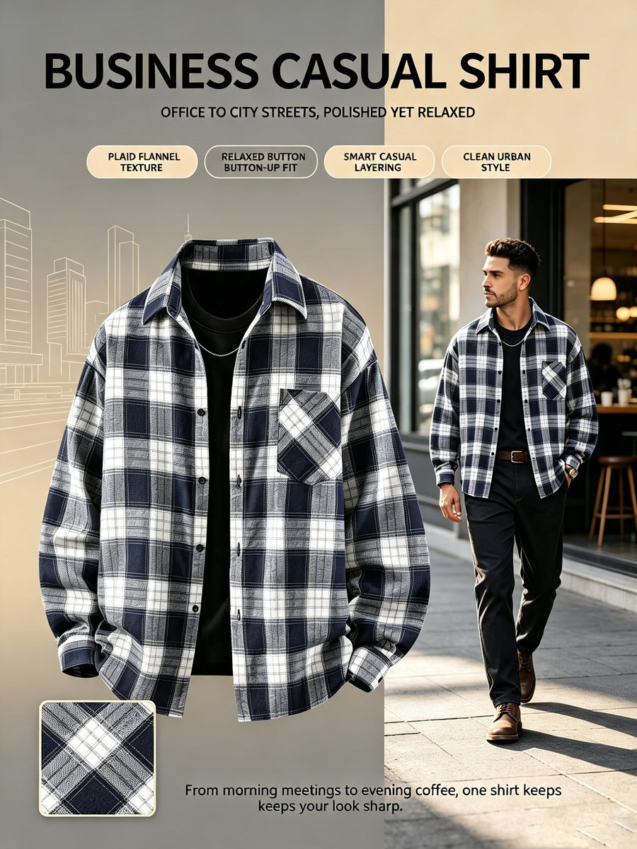 Men Turn- Collar Long Sleeve Plaid Pattern Shirt, Button Up Pocket Loose Blouse for Urban Commute Daily - Blue