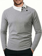 Men'S Contrast Color Long Sleeve Casual Commuter Polo Shirt, Men'S Casual Top Knit T-Shirt, POLO Shirt Cross-Design for Daily Leisure, Weekend Outings, Outdoor Activities, Travel And Adventure, Relaxed Work Environment, Or Semi-Formal Occasions - Grey