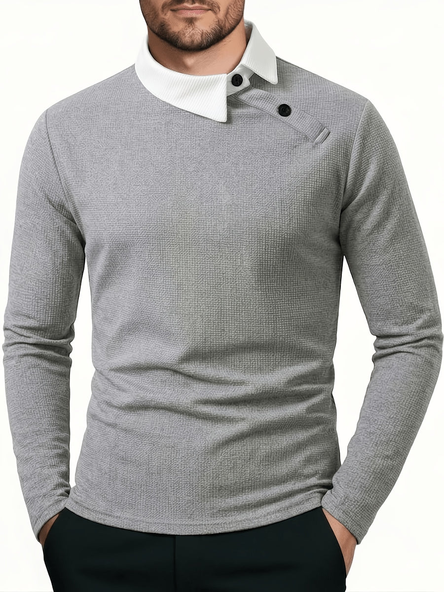 Men'S Contrast Color Long Sleeve Casual Commuter Polo Shirt, Men'S Casual Top Knit T-Shirt, POLO Shirt Cross-Design for Daily Leisure, Weekend Outings, Outdoor Activities, Travel And Adventure, Relaxed Work Environment, Or Semi-Formal Occasions - Grey