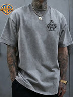 Warner Bros Official Hand-Drawn Line Art Big Silly Cat Print Washed Distressed T-Shirt, Men's 100% Pure Cotton Fabric, Casual and Comfortable Style, Loose Fit Breathable Short Sleeve Men's Casual Top, Distressed Washed Loose Fit - Grey