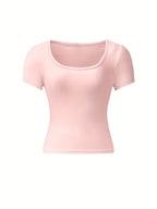 4pcs Set U-Neck Short-Sleeved T-Shirt Women'S Summer New Solid Color Slim Short All-Match Top - Pink+Brown+White+Black