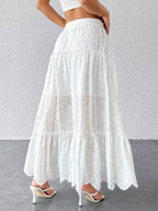 Women'S Elegant Floral Lace Maxi Skirt with Drawstring Waist - White Tiered Ruffled Hem, Perfect for Spring/Summer/Fall, Versatile for Casual or Formal Occasions, Casual Summer Wear | Floral Lace Skirt | Ruffled Hem Skirt - White