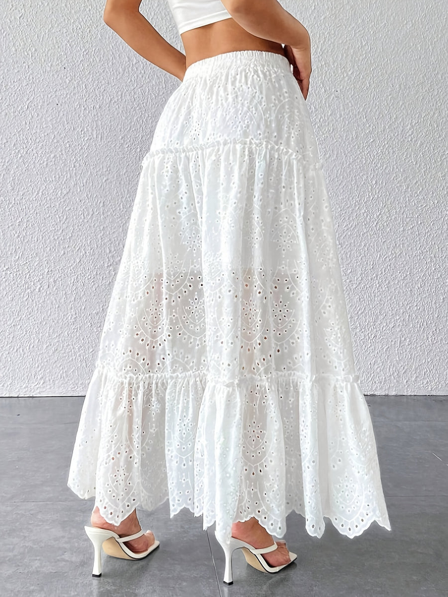 Women'S Elegant Floral Lace Maxi Skirt with Drawstring Waist - White Tiered Ruffled Hem, Perfect for Spring/Summer/Fall, Versatile for Casual or Formal Occasions, Casual Summer Wear | Floral Lace Skirt | Ruffled Hem Skirt - White