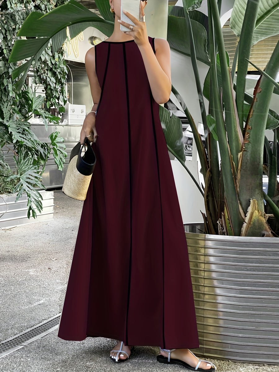 [Size for Regular Fit] Women's Simple Vacation Loose-Fit Comfortable Color-Block Contrast Trim Long Tank Dress - Burgundy