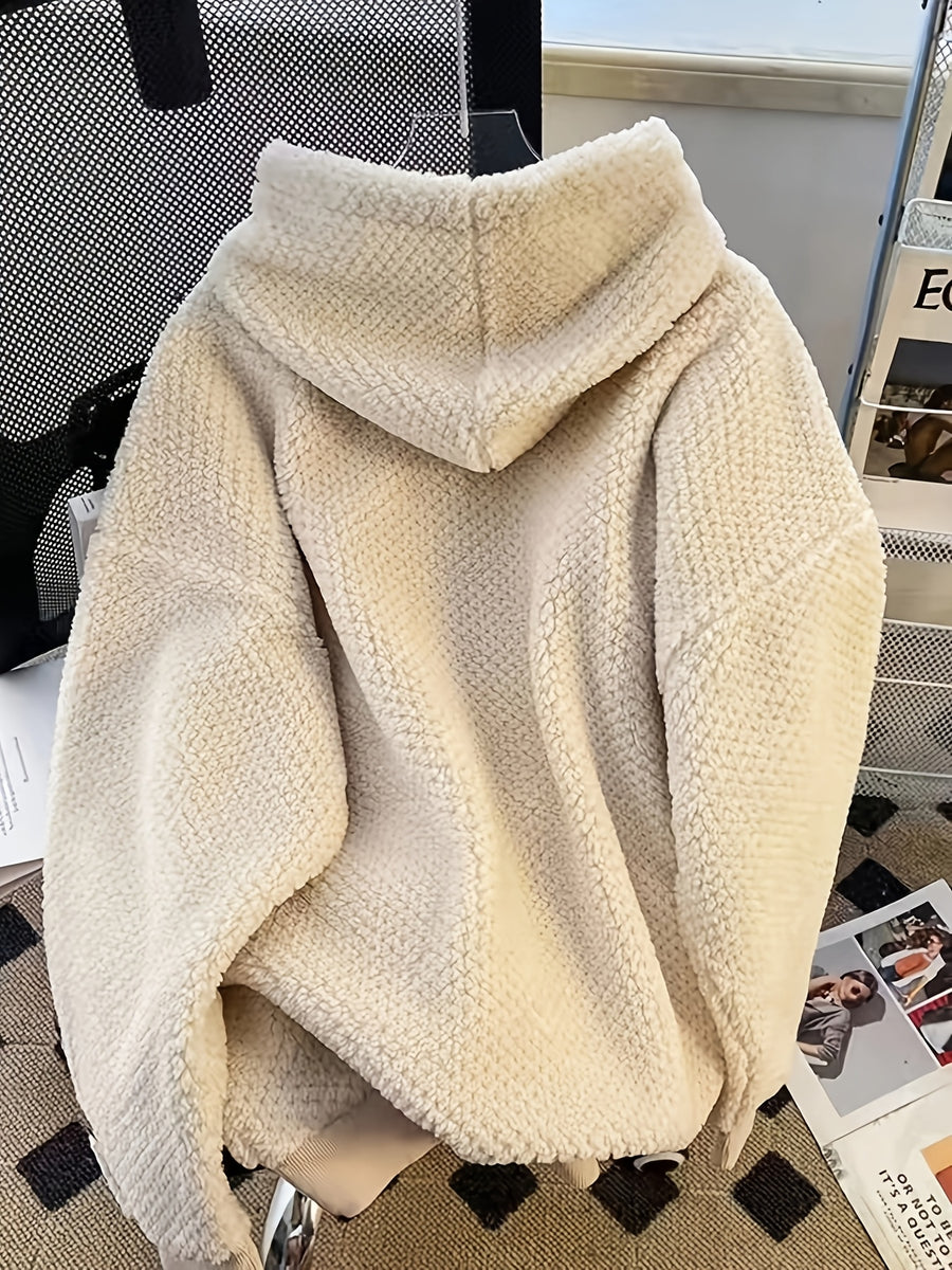 Autumn Winter Women'S Fashion Casual Solid Color Hooded Drawstring Long Sleeve Cardigan with Zipper And Double Pockets Plush Warm Sweatshirt - Off-white