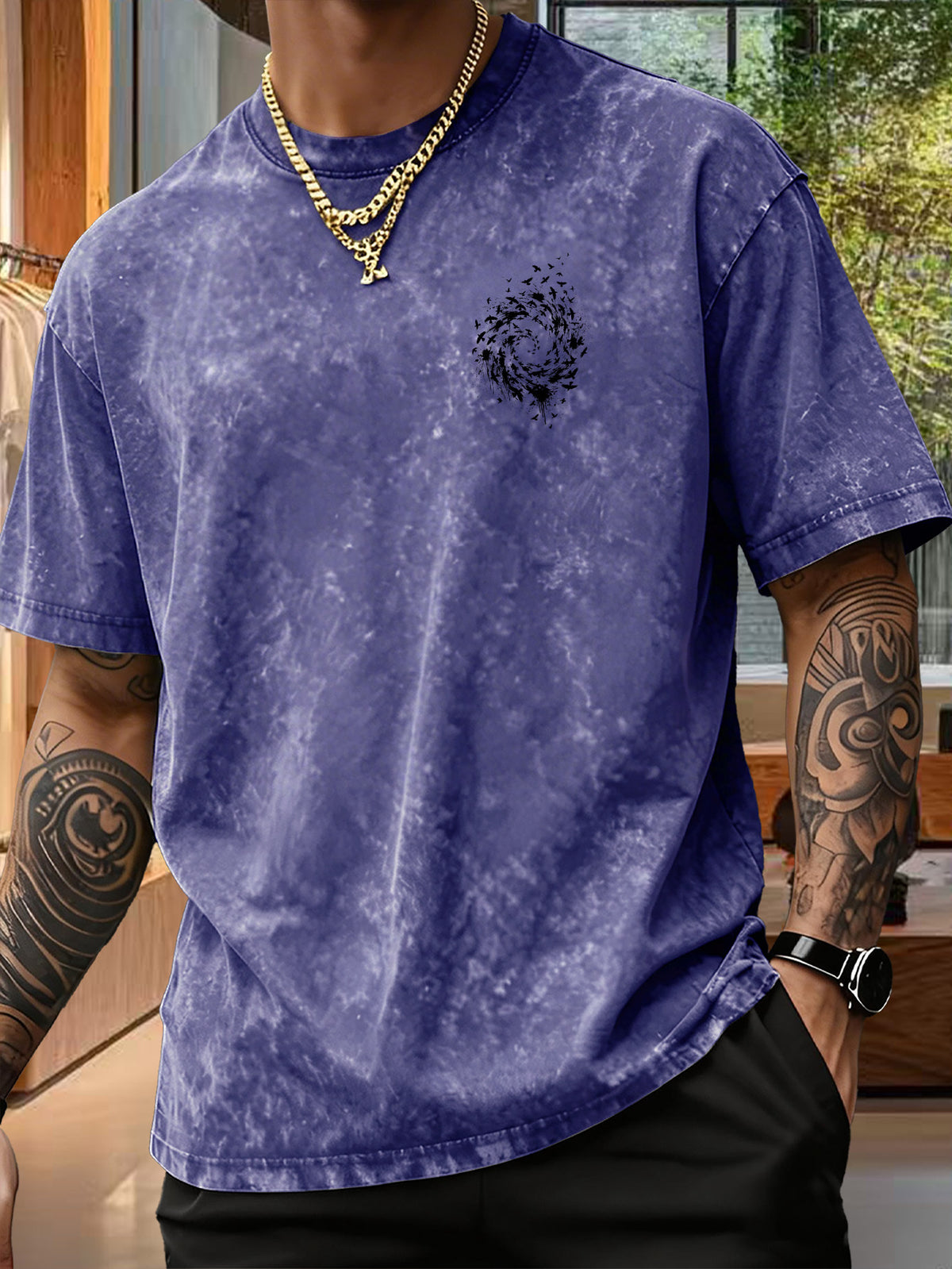 Men's Pure  Short-Sleeve Top with Trendy Double-Sided Print of Flocks of Birds and Spiral Ink Splatter Design, 12 Colors for  Mix-and-Match, Washed Distressed Loose Fit, National Trend Y2K Style for Commuting, Daily Outings, Sports - Royal Blue