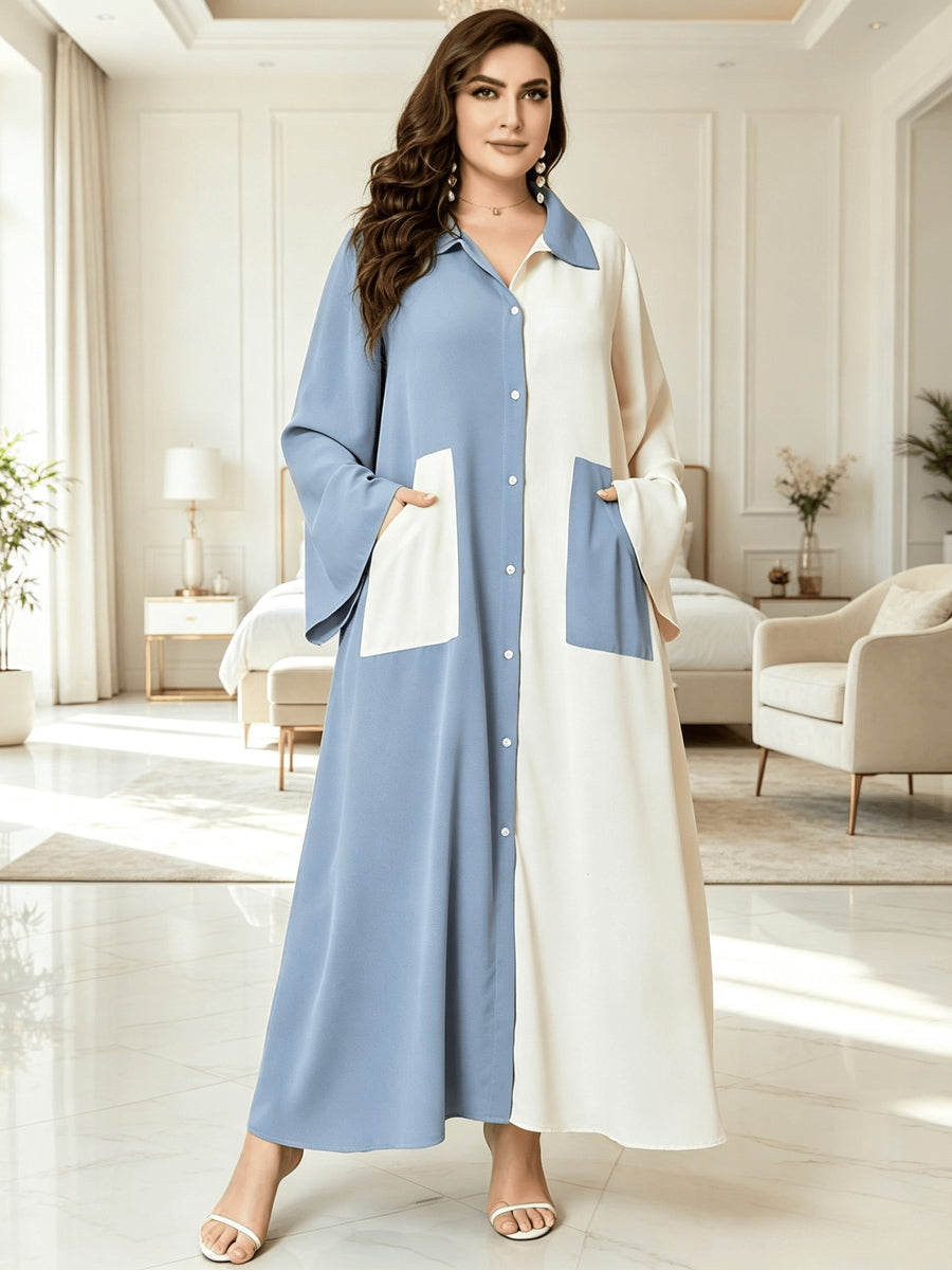 Plus Size, Islamic Blue and Beige Color-Block Shirt Collar Button-Up Plus Size Abaya, Arabic Ramadan Eid Al-Adha Eid Al-Adha Sacrifice Festival Robe with Pockets, Loose Fit Long Sleeve Full-Length Muslim Cover-Up Gown - Gray Blue