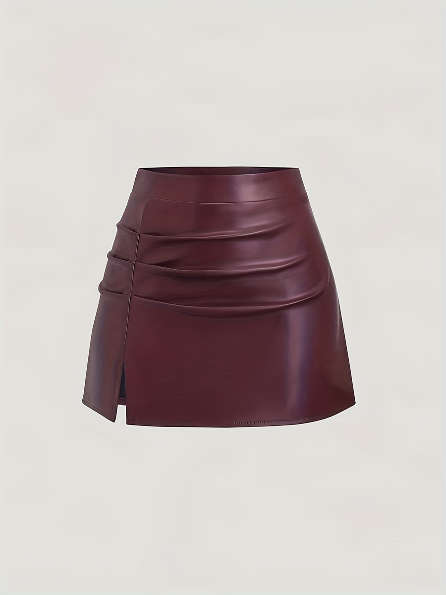 Elegant Vintage High-Waisted Pleated Brazilian PU Side Slit Flared A-Line Mini Skirt for Women, Y2K Clothing - Red