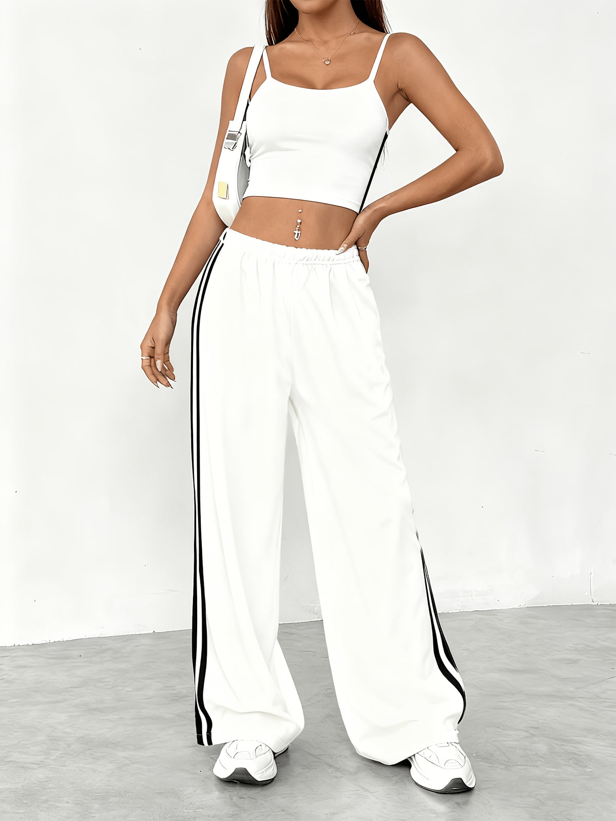Spring/Summer New Women's Outfit Set, Crop Top + Wide-Leg Pants with Contrast Side Stripes - American y Style & Korean Lazy Chic Look - White
