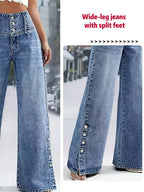 Western Retro Straight Button-Fly High-Waist Women'S High-Stretch Jeans - Deep Blue